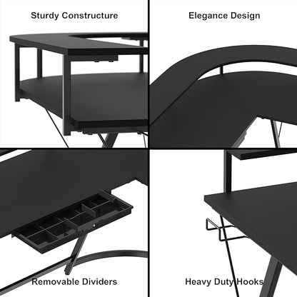 SHW Vista L Desk with U Monitor Stand and Drawer, Black