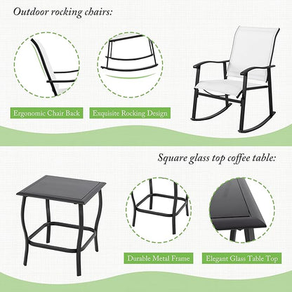 Shintenchi 3 Piece Rocking Bistro Set, Outdoor Furniture with Rocker Chairs and Glass coffee table set of 3, Balcony, Porch Furniture for Small Space, White