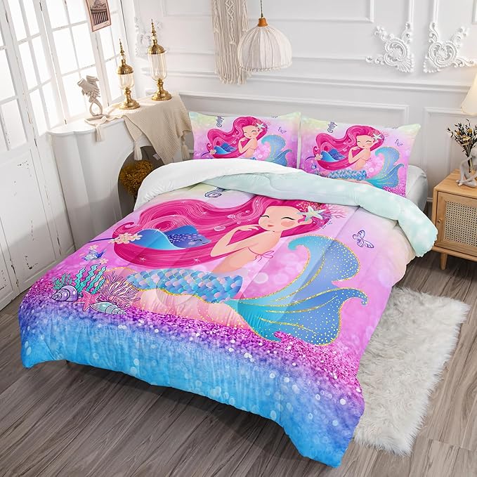 Mermaid Butterfly Comforter Set Queen Size Fairy Tale Sea Shell Grass Bedding Set Colorful Rainbow Quilt Bed Set for Kid Girls with 1 Comforter and 2 Pillowcases
