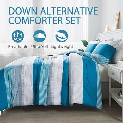 Andency Stripe Comforter Set King Size (104x90 Inch), 3 Pieces Teal Patchwork Striped Comforter, Soft Microfiber Down Alternative Comforter Bedding Set with Corner Loops