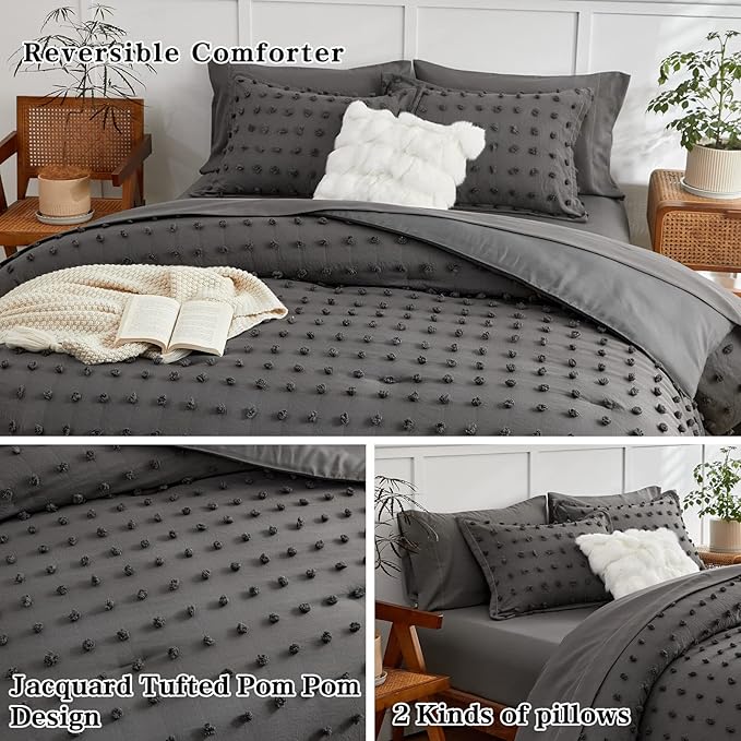 7 Pieces Tufted Dots Bed in a Bag Queen Comforter Set with Sheets Grey , Soft and Embroidery Shabby Chic Boho Comforters, Solid Color with Pom Pom Design, Jacquard Tufts Bedding Set for All Season