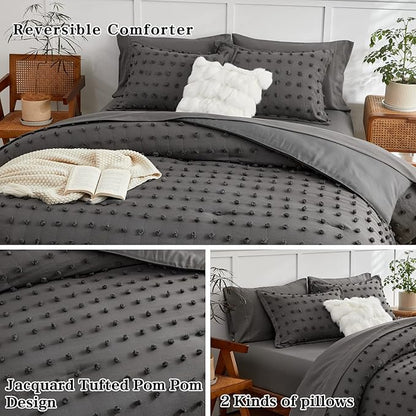 7 Pieces Tufted Dots Bed in a Bag Queen Comforter Set with Sheets Grey , Soft and Embroidery Shabby Chic Boho Comforters, Solid Color with Pom Pom Design, Jacquard Tufts Bedding Set for All Season
