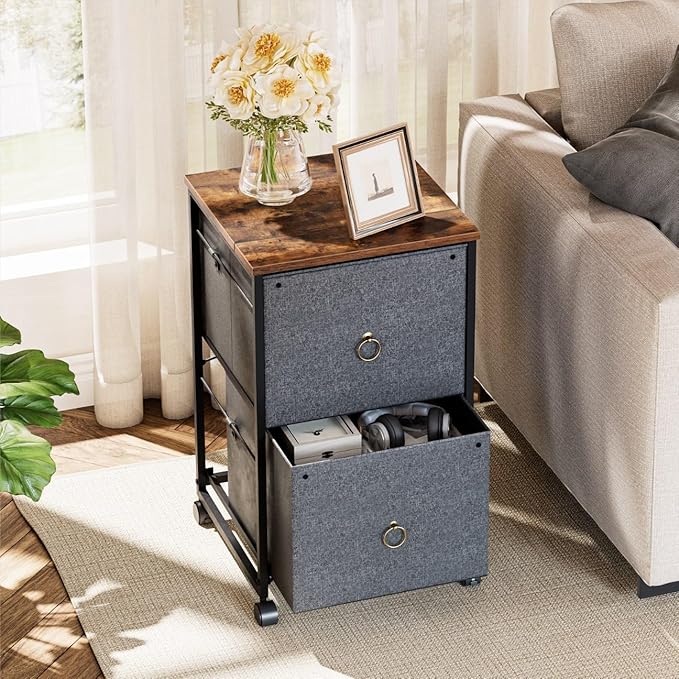 HOOBRO 2 Drawer Mobile File Cabinet, Rolling Printer Stand, Vertical Filing Cabinet, Office Cabinet, Filing Cabinet for Home Office, A4/Letter Size, Nonwovens Drawer, Rustic Brown and Gray BFG20WJ01