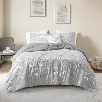 Codi Grey Queen Comforter Set, Silver Print Bedding Sets for Queen Size Bed - 4 Piece includes 1 Queen/Full Comforter with 1 Decorative Pillow and 2 Pillow Cases - All Season Warm