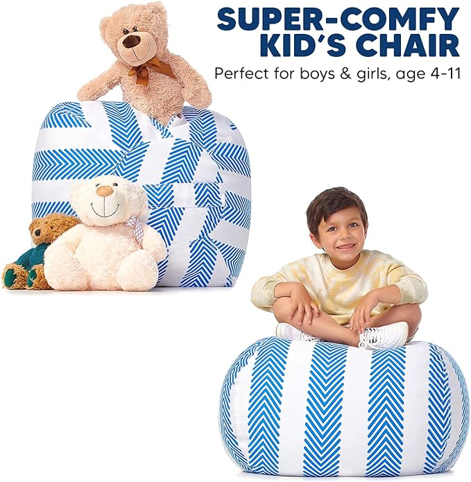 5 STARS UNITED Stuffed Animal Storage Bean Bag – Toy Storage Organizer and Bean Bag Chair for Kids Holds up to 90+ Plush Toys – Cotton Canvas Bags Cover for Boys and Girls Ages 4-11, Blue Stripes