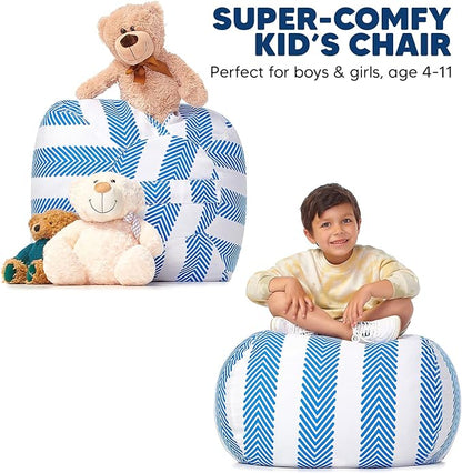 5 STARS UNITED Stuffed Animal Storage Bean Bag – Toy Storage Organizer and Bean Bag Chair for Kids Holds up to 90+ Plush Toys – Cotton Canvas Bags Cover for Boys and Girls Ages 4-11, Blue Stripes