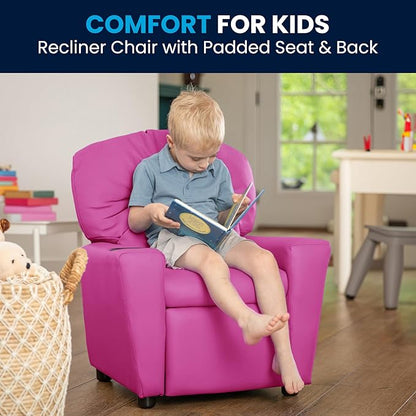 Flash Furniture Chandler Vinyl Kids Recliner with Cup Holder and Safety Recline, Contemporary Reclining Chair for Kids, Supports up to 90 lbs., Hot Pink