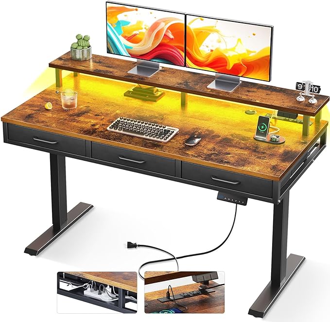 AODK 55 Inch Electric Standing Desk with 3 Drawers, Brown, Height Adjustable Desk with Power Outlets & LED Lights, Stand Up Desk with Monitor Shelf, Sit Stand Desk Computer Workstation