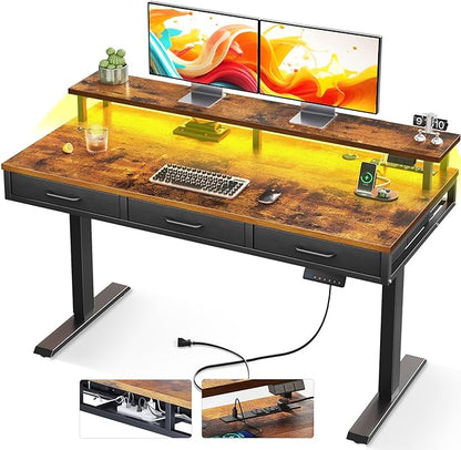 AODK 55 Inch Electric Standing Desk with 3 Drawers, Brown, Height Adjustable Desk with Power Outlets & LED Lights, Stand Up Desk with Monitor Shelf, Sit Stand Desk Computer Workstation