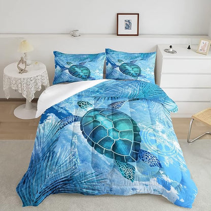 CVHOUSE Sea Turtle Bedding Set,Sea Turtle Comforter Queen,Ocean Bohemia Comforter Set for Boys Kids Girls,Ocean Quilt Set with 1 Comforter and 2 Pillow Cases