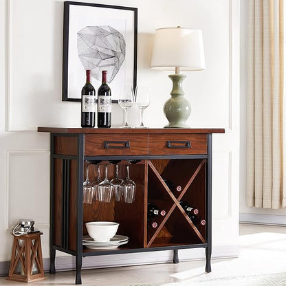 Leick Home 11240 Ironcraft Rustic One Drawer Mini-bar/Wine Stand with Glass and Bottle Storage, Mission Oak, 16 x 36 x 30