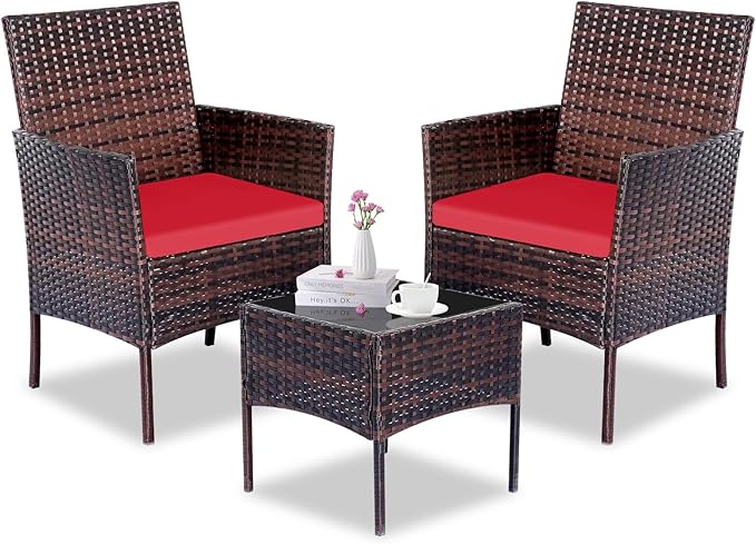 Patio Furniture Set 3 Pieces All-Weather Rattan Outdoor Furniture Patio Chairs with Tempered Glass Table for Porch Bistro Balcony Bistro Set(Brown/Red)