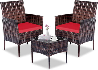 Patio Furniture Set 3 Pieces All-Weather Rattan Outdoor Furniture Patio Chairs with Tempered Glass Table for Porch Bistro Balcony Bistro Set(Brown/Red)