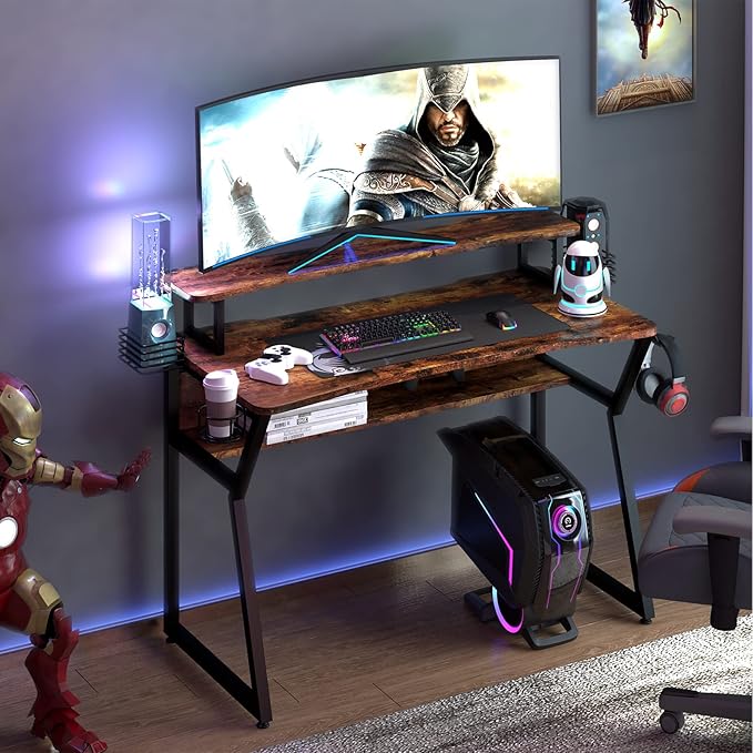 Gaming Desk, Computer Desk with Large Monitor Stand and Open Shelf, PC Laptop Gamer Table Workstation with Cup Holder, Headphone Hook, 2 Speaker Stand for Home Office (Rustic Brown)