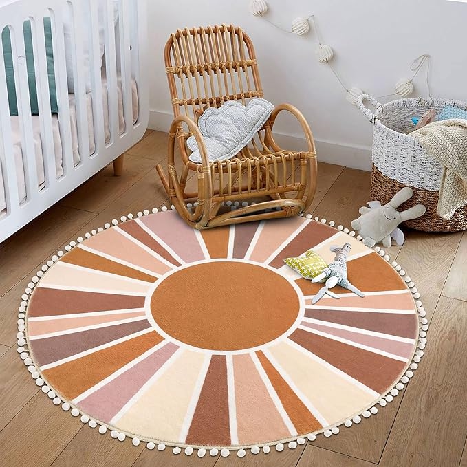 Topotdor Boho Round Area Rug 4ft Sun Rainbow Nursery Rugs for Kids Room, Washable Ultra Soft Circle Area Rug with Pom Poms, Non-Slip Accent Throw Rugs for Bedroom Entryway Living Room Decor