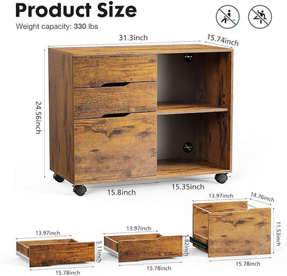 3 Drawer File Cabinet Lateral Printer Stand with Adjustable Storage Shelves for Home Office Small Space, Rustic Brown