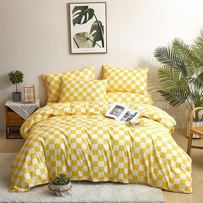 Yellow White Grid Comforter Set Cal King Yellow Plaid Bedding Set Women Yellow and White Checkered Bed Comforter Set Breathable Blanket Set Men Durable Bedding Comforter Set