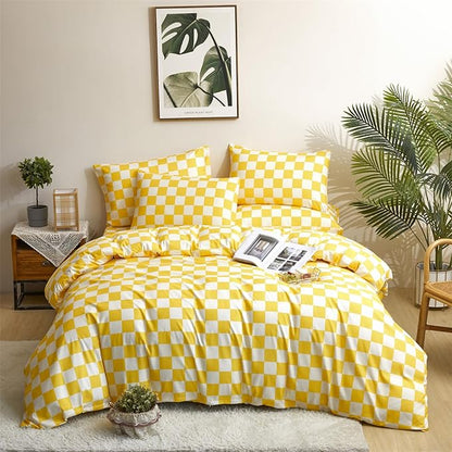 Brand King 3PC Bedding Set, Grid Yellow White Comforter Set with Checkered Pattern, All Season Breathable Blanket Set, Durable Bedding for Men and Women, Ideal Gift