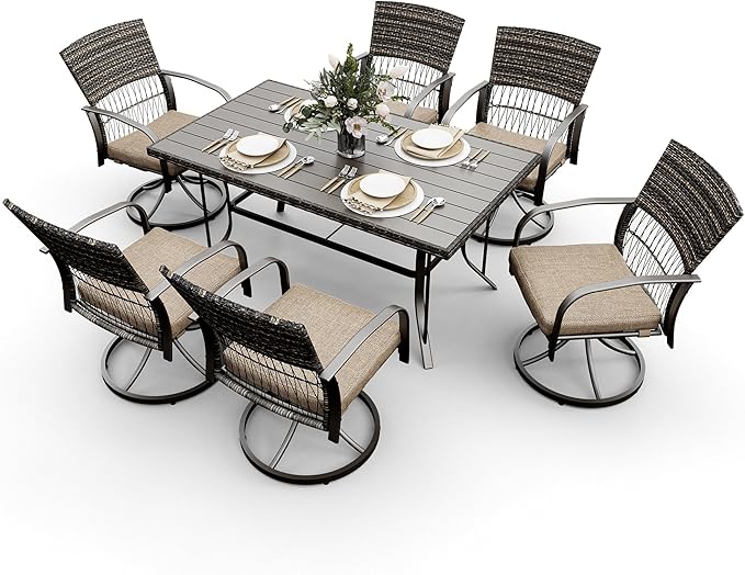 Pamapic 7 Piece Patio Dining Set for 6,Wicker Outdoor Furniture Set for Backyard Garden Deck Poolside with Iron Slats Table Top,6 Cushions Swivel Rocker Chairs,Removable Cushions(Beige)