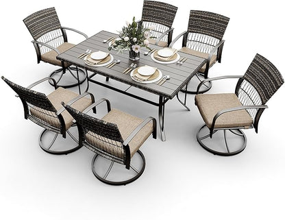Pamapic 7 Piece Patio Dining Set for 6,Wicker Outdoor Furniture Set for Backyard Garden Deck Poolside with Iron Slats Table Top,6 Cushions Swivel Rocker Chairs,Removable Cushions(Beige)