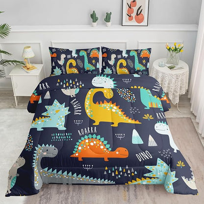 Datura home Bedding Comforter Set Kawaii Cartoon Dinosaur Printed Pattern Bedding Set with 1 Comforter and 2 Pillowcases for Boys Bedroom All Season(Cute Dinosaur Queen)
