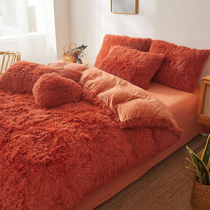 Fluffy Orange Comforter Cover Set Queen - Ultra Soft Plush Burnt Orange Bedding Sets 3 Pieces (1 Faux Fur Duvet Cover + 2 Faux Fur Pillow case) Boho Orange Queen Bed Sets (Dark Orange, Queen)