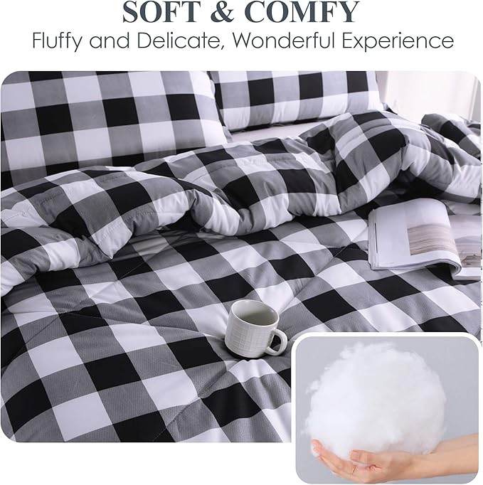 Andency Black Plaid Comforter Set Full Size (79x90 Inch), 3 Pieces (1 Gingham Comforter and 2 Pillowcases), Summer Lightweight Microfiber Buffalo Check Down Alternative Comforter Set