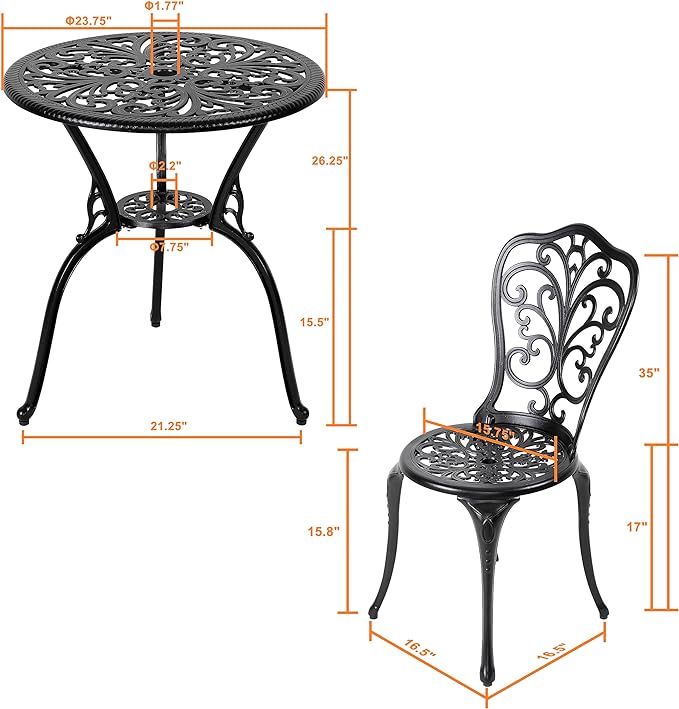 NUU GARDEN 3 Piece Bistro Set Outdoor, All Weather Cast Aluminum Patio Bistro Sets Patio Table and Chairs Set of 2 with Umbrella Hole for Yard, Balcony, Black, Butterfly Backrest