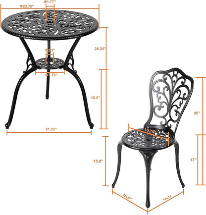 NUU GARDEN 3 Piece Bistro Set Outdoor, All Weather Cast Aluminum Patio Bistro Sets Patio Table and Chairs Set of 2 with Umbrella Hole for Yard, Balcony, Black, Butterfly Backrest