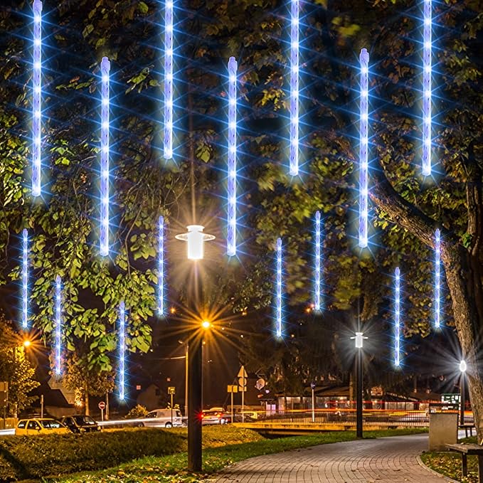 Dazzle Bright Christmas Lights Outdoor, 288LED Meteor Shower Rain Lights 12 Inch 8 Tubes, Waterproof Plug in Falling Icicle Lights Christmas Decorations for Xmas Tree Yard House Decor (Blue)