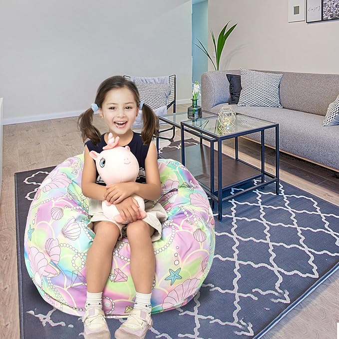 Stuffed Animal Storage Bean Bag Chair Cover, Hold Kids Plush Toys Blankets Towels Beanbag (Cover Only), Canvas Floor Circle Stuff Sit Seat Sofa with YKK Zipper, Large 32", Pink Shell