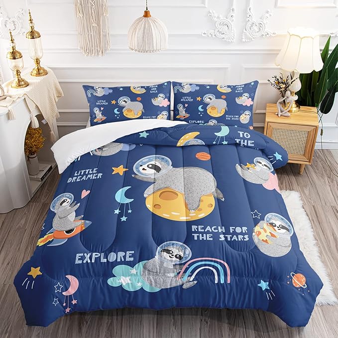 Kawaii Sloth Comforter Set 3 Pieces Outer Space Moon Cloudy Star Bedding Set Cartoon Animal Astronaut Bed Quilt Set for Girls Boys Kids with 1 Comforter and 2 Pillow Cases, Blue