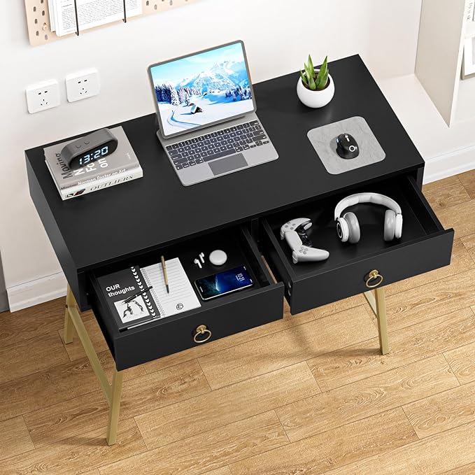 Anmytek Home Office Desk Black Writing Desk with 2 Drawers Modern & Simple Makeup Vanity Study Table Small Computer Desk, D0007