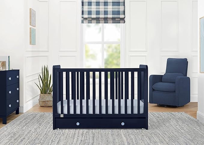 babyGap by Delta Children Graham 4-in-1 Convertible Crib with Storage Drawer TrueSleep Crib and Toddler Mattress (Bundle), Navy/Light Blue
