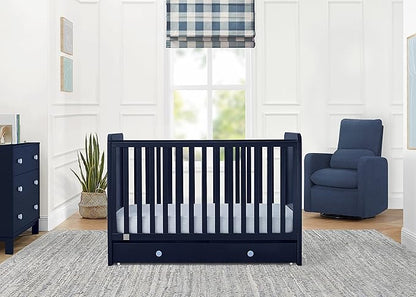 babyGap by Delta Children Graham 4-in-1 Convertible Crib with Storage Drawer TrueSleep Crib and Toddler Mattress (Bundle), Navy/Light Blue