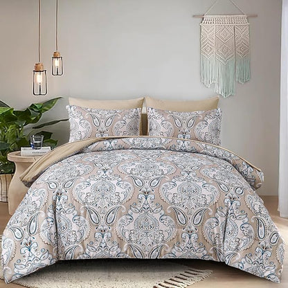 Yiran 7 Pieces Paisley Bedding Set Comforter Set Brown Boho Floral Bed in a Bag Microfiber Comforter Queen Size 90"×90"(1 Comforter,2 Pillowcases,2 Pillow Shams,1 Flat Sheet,1 Fitted Sheet)