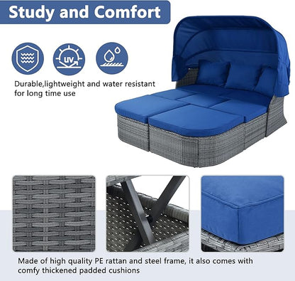 Rectangle Furniture Daybed Sunbed with Retractable Canopy, Outdoor Wicker Conversation Set with Cushions for Patio, Backyard, Porch, Garden, Bc-Blue + Rattan