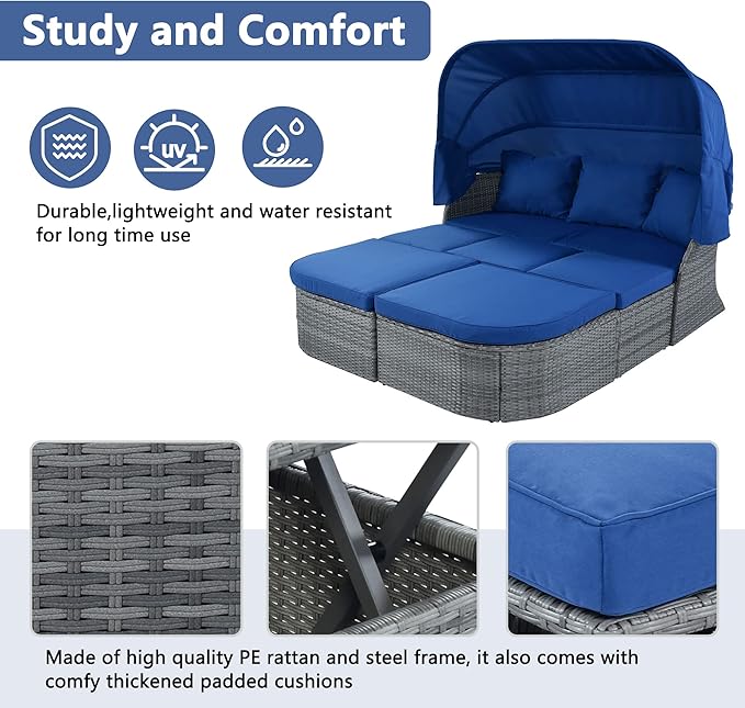 Rectangle Furniture Daybed Sunbed with Retractable Canopy, Outdoor Wicker Conversation Set with Cushions for Patio, Backyard, Porch, Garden, Onesize, Bb-Blue