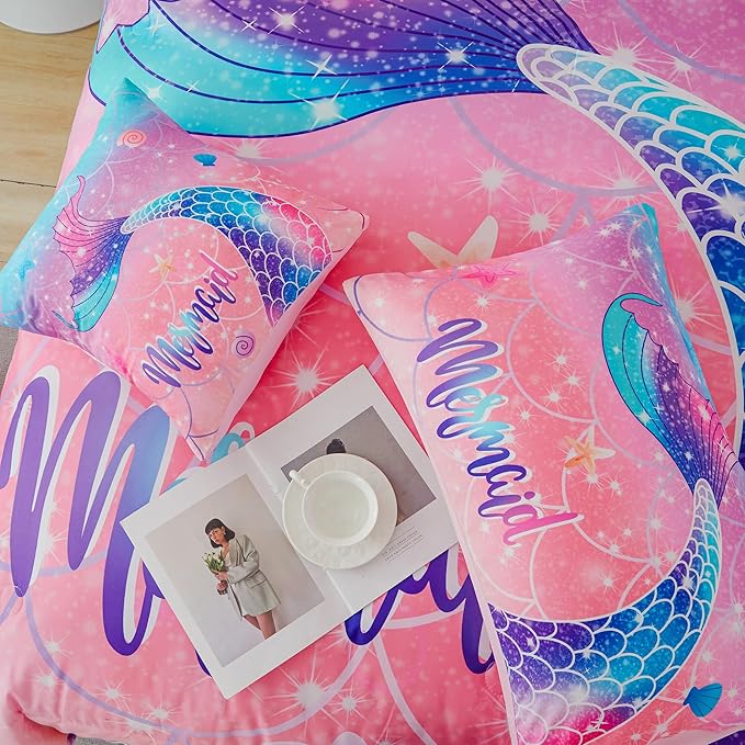 RYNGHIPY Mermaid Kids Girls Comforter Set Queen Size Pink Blue Gradient Fish Tail Bed in a Bag - includes Comforter & Sheet Set for Teens Girls Super Soft Kids Bedding