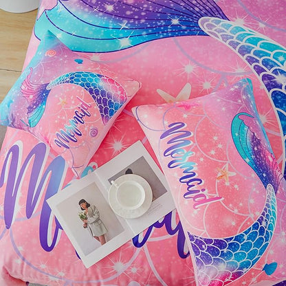 RYNGHIPY Mermaid Kids Girls Comforter Set Queen Size Pink Blue Gradient Fish Tail Bed in a Bag - includes Comforter & Sheet Set for Teens Girls Super Soft Kids Bedding