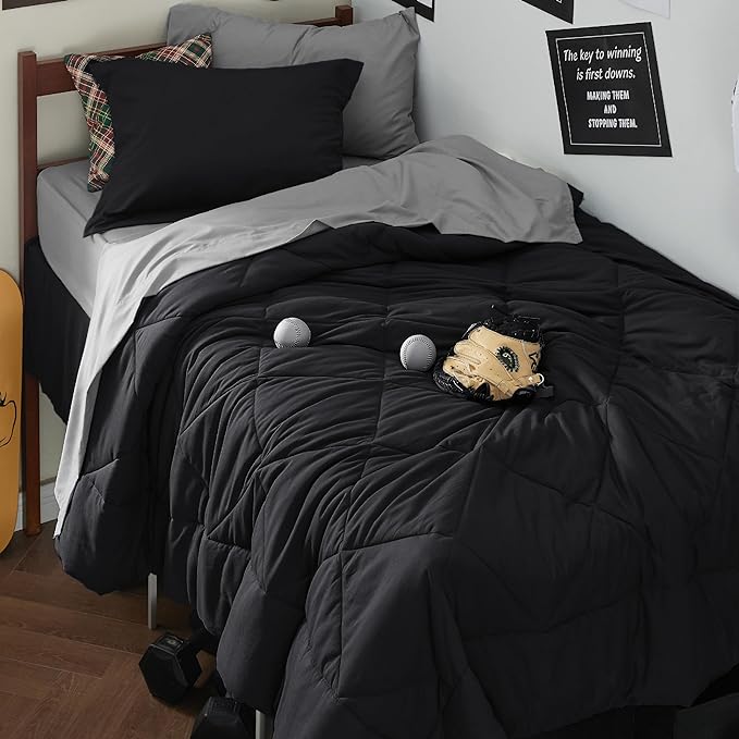 Bedsure Black Twin XL Comforter Set - 5 Pieces Reversible Black Bed Set Twin XL with Comforters, Sheets, Pillowcase & Sham, Black Bedding Set for College