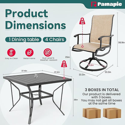 Pamapic 5 Pieces Patio Dining Set, All-Weather Outdoor Dining Set for Garden Backyard Poolside Deck,Outdoor Table and Chairs Set with 4 Textilene Swivel Chairs,Beige