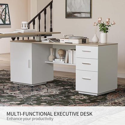 FEZIBO 63" L Shaped Executive Standing Desk with 3-Drawer File Cabinet, Electric Height Adjustable Stand up Desk for Home Office, Computer Desk with Storage Cabinets, White Frame Light Walnut Top