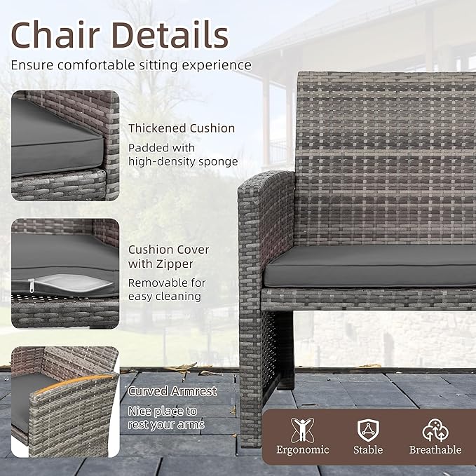 Shintenchi 4-Piece Outdoor Gray Wicker Patio Conversation Furniture Set, Rattan Patio Furniture Set with Weather Resistant Cushions and Tempered Glass Tabletop,Grey