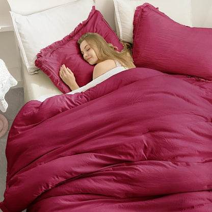 Andency Burgundy Red Tassel Comforter Set Full(79x90Inch), 3 Pieces(1 boho Comforter, 2 Pillowcases) Farmhouse Shabby Chic Comforter Set, Soft Microfiber Lightweight Fringe Bedding Comforter Set