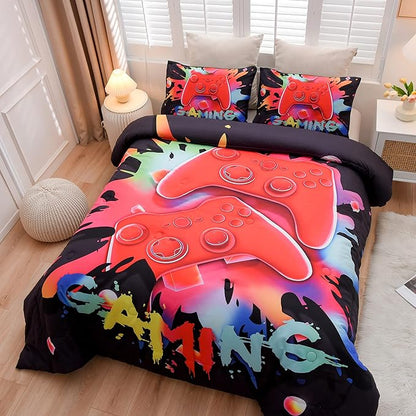 Aimuan Gaming Comforter Sets for Boys Kids Bedding Sets Video Games Console Action Buttons Novelty Colorful Game Gamepad Controller Modern Gamer Room Decor Home Quilt Set (Queen, Black)
