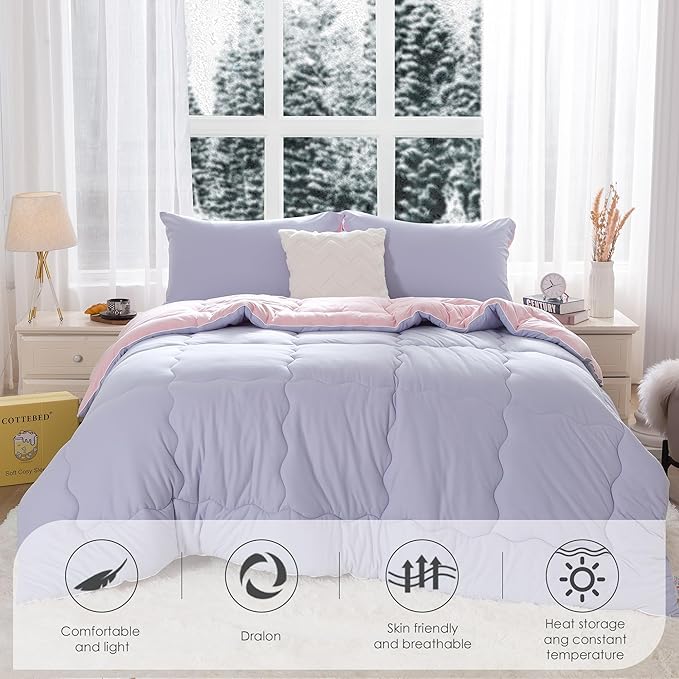 COTTEBED Reversible Ultra-Soft Warm King Size Comforter Set, California Cal King Down Comforter Cozy Fully Breathable Bedding 1 Down Alternative Quilt and 2 Pillowsham Winter Pink and Purple