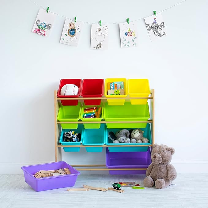 Humble Crew Kids Toy Storage Organizer with 12 Storage Bins, Rainbow/Natural Wood