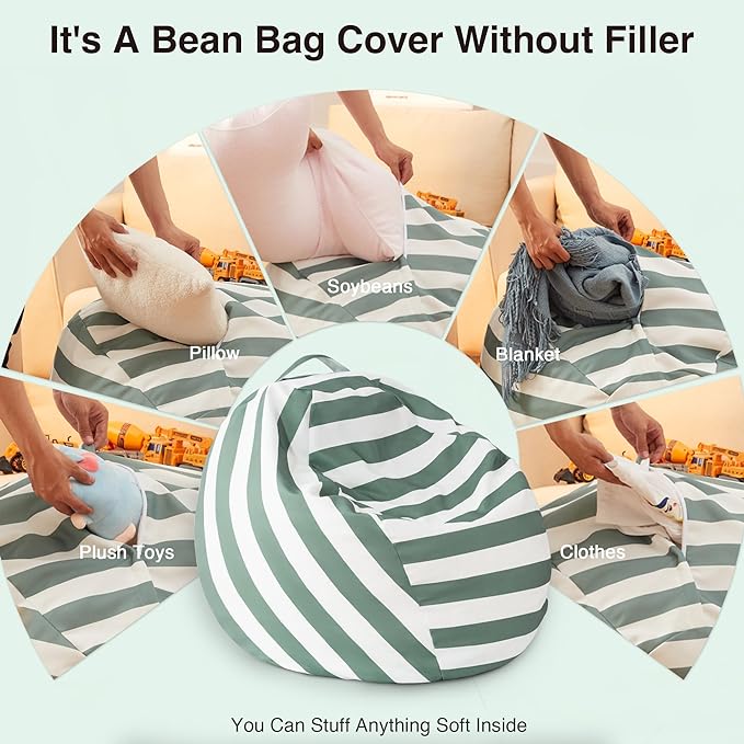 EXQ Home Kids Bean Bag Chairs Cover -Stuffed Animal Bean Bag Storage Green and White Stripes-Zipper Bean Bag for Organizing Children Plush Toys Holiday Gift for Girl,Boys