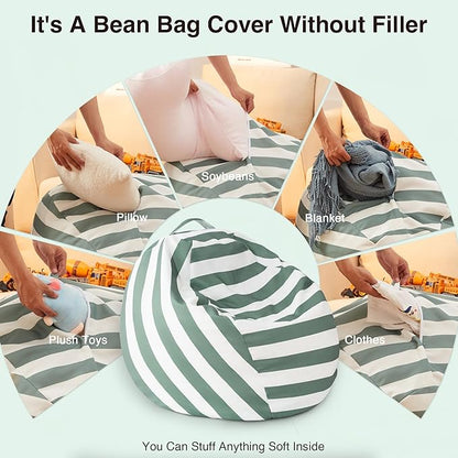 EXQ Home Kids Bean Bag Chairs Cover -Stuffed Animal Bean Bag Storage Green and White Stripes-Zipper Bean Bag for Organizing Children Plush Toys Holiday Gift for Girl,Boys (XL)